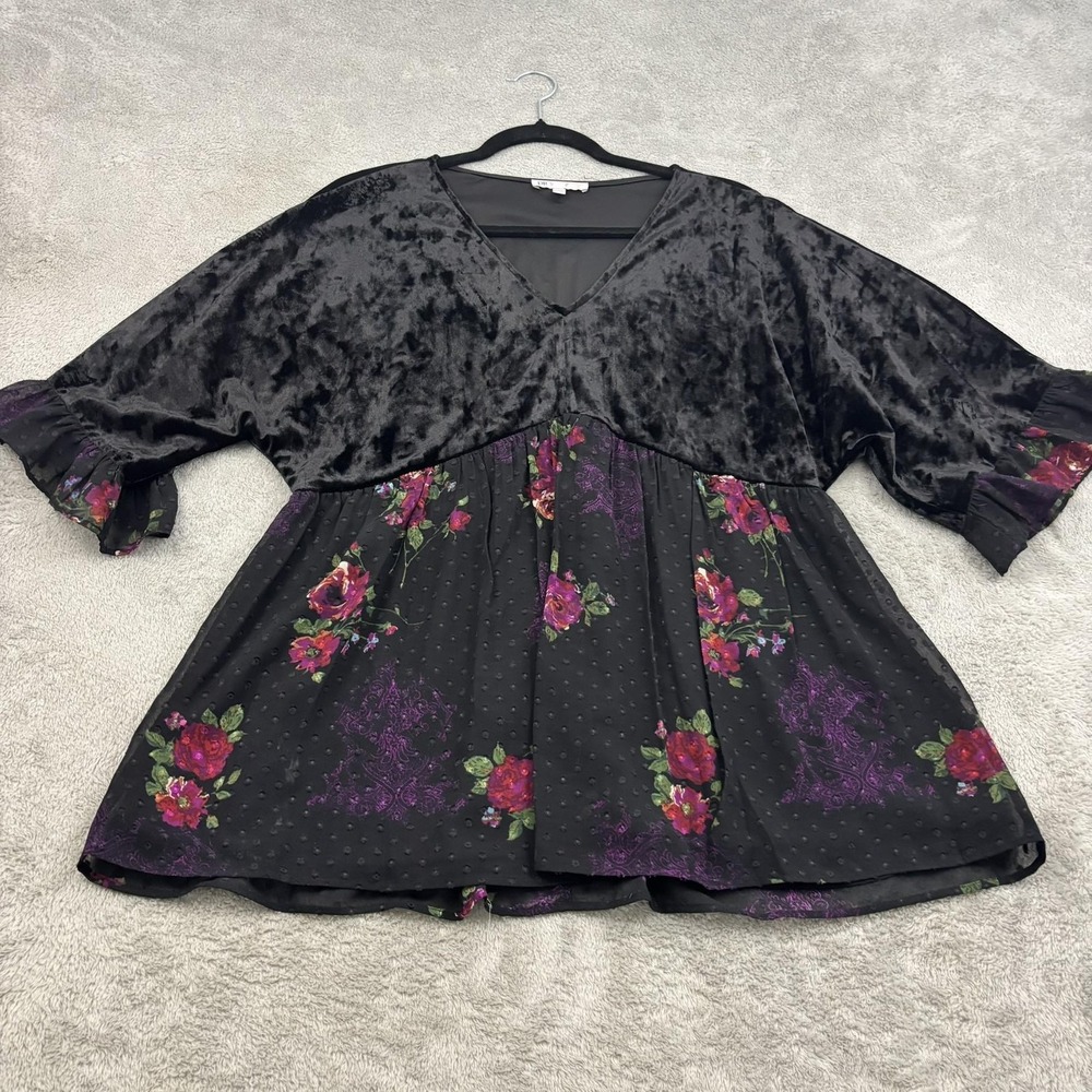 DR2 Velvet Babydoll Tunic Top Womens L Black Floral Whimsigoth Fairy Grunge Vamp